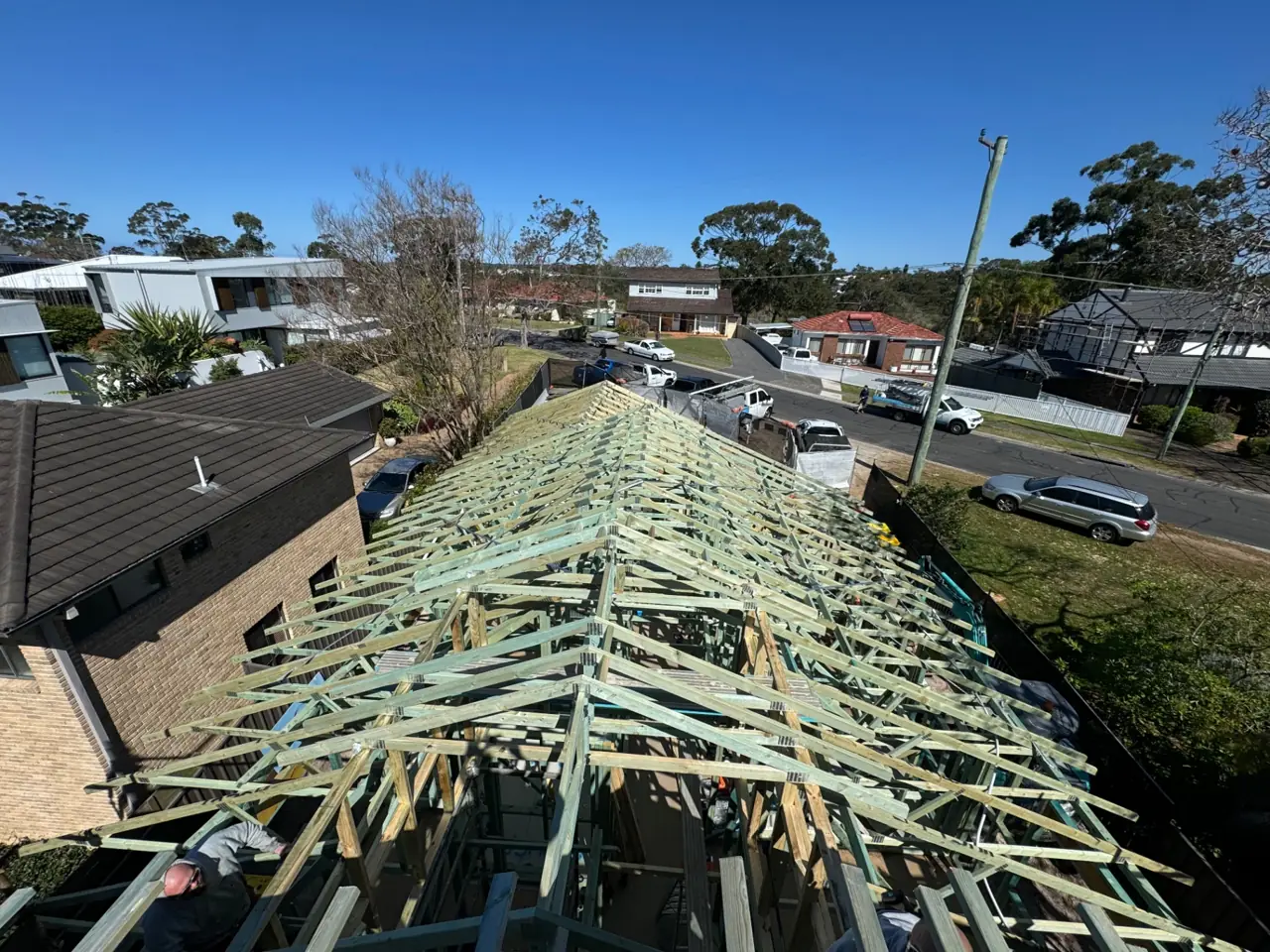 Timber roof trusses on a residential construction site