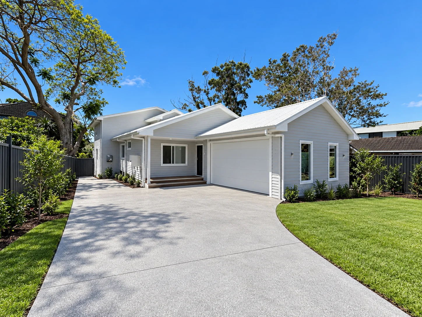 Completed Gymea Bay home with light grey cladding, white garage door and exposed aggregate driveway