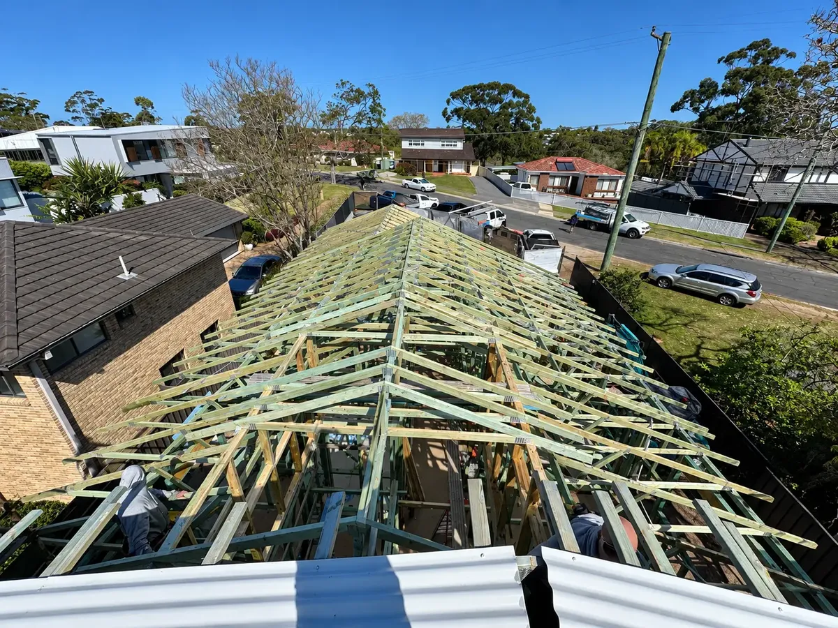 Roof trusses installed across the Gymea Bay rebuild viewed from above