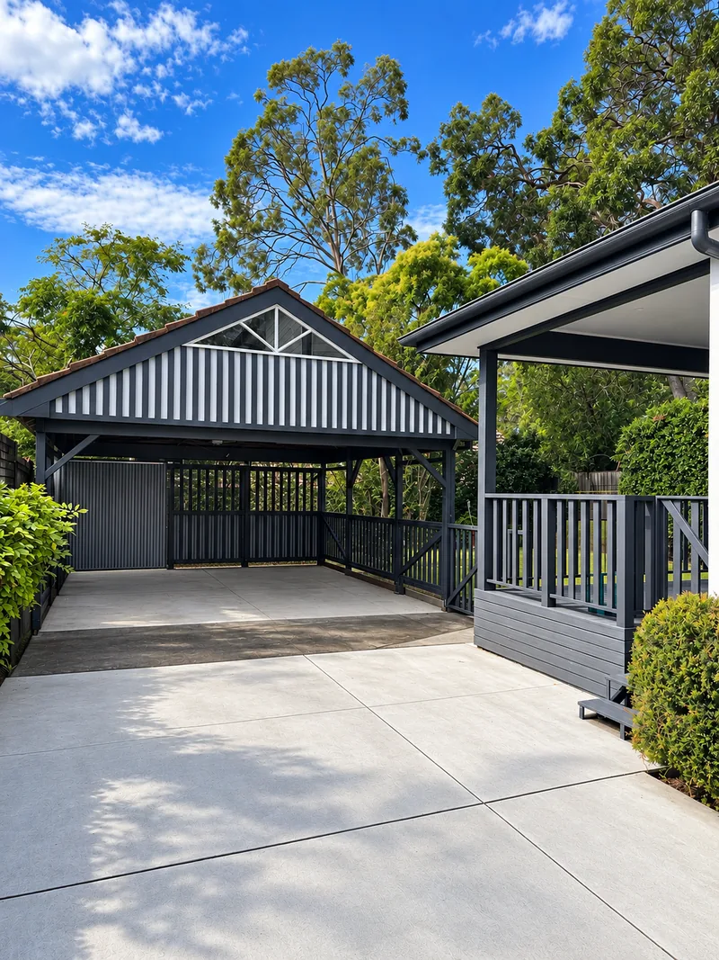 Completed charcoal carport with white gable cladding and a wide finished concrete driveway at Oatley