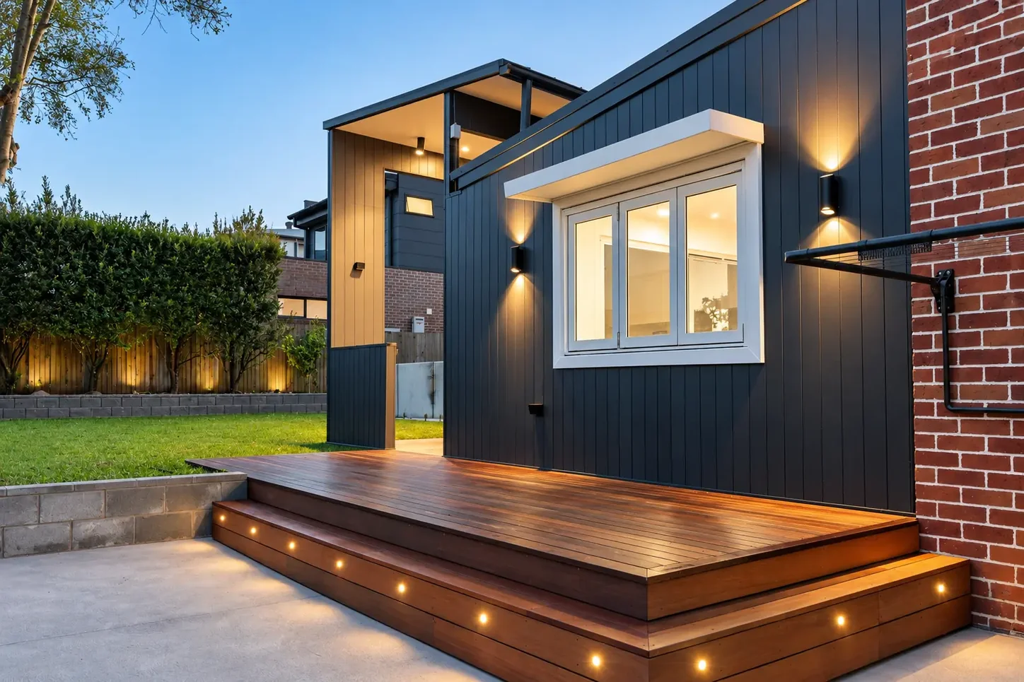 Modern dark clad home with hardwood deck steps and integrated lighting at Russell Lea