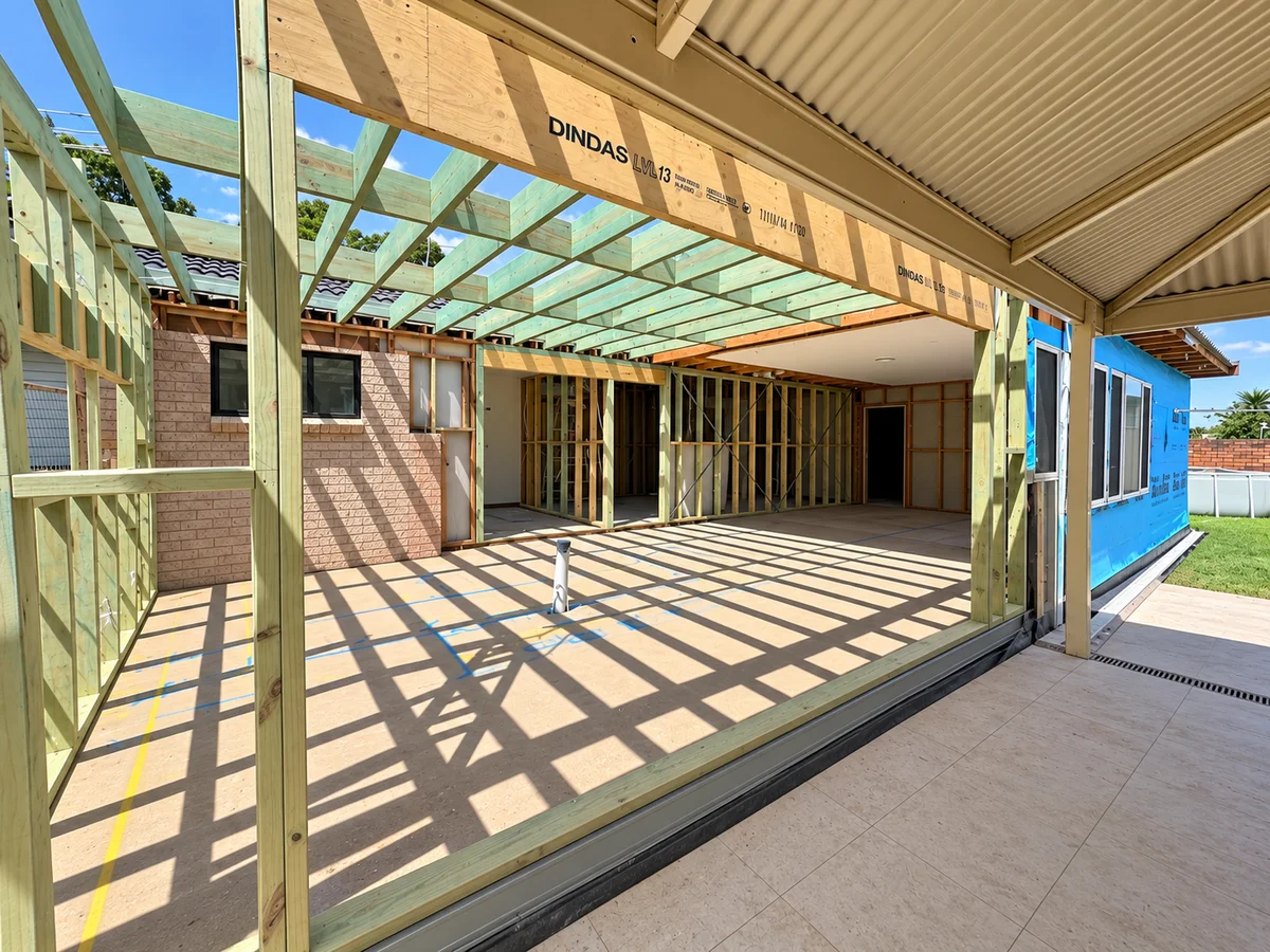 Timber framing for a rear extension joining an existing Sydney house