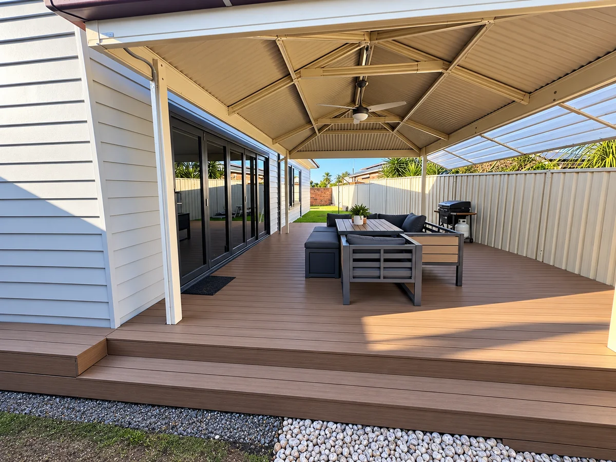 Completed covered deck and outdoor living area at the rear of the Werrington County home