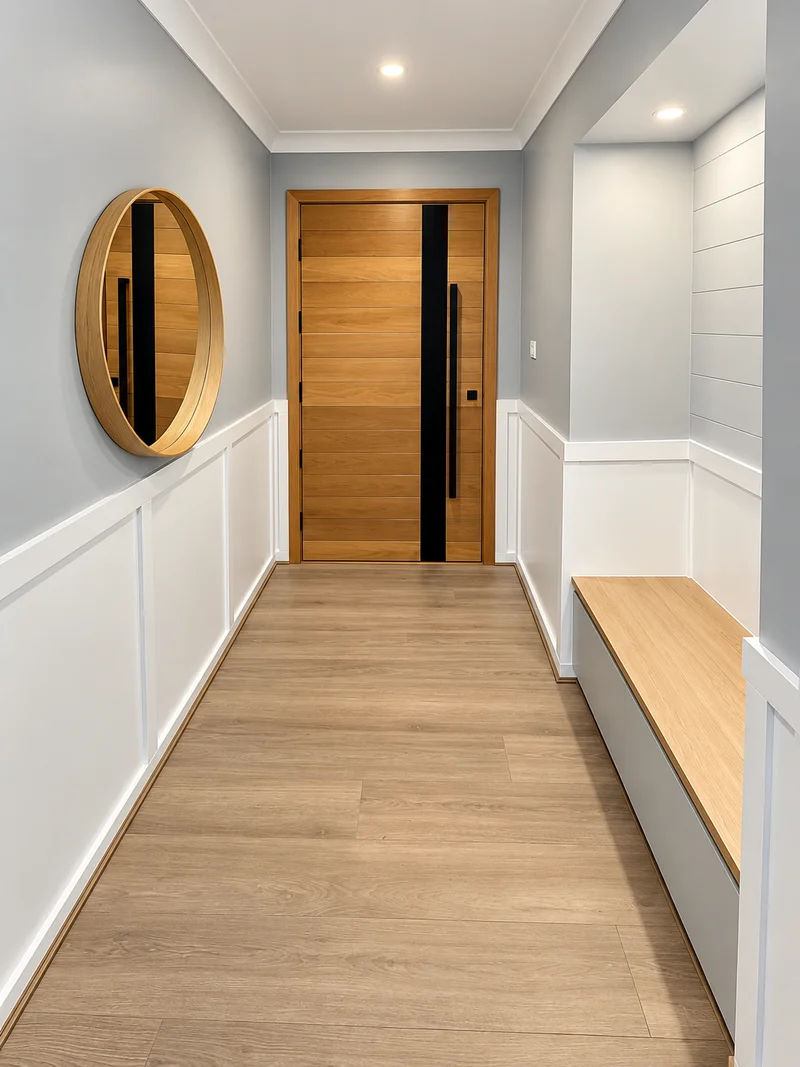 Entry hall at Werrington County with timber pivot door, round mirror and built in bench seat