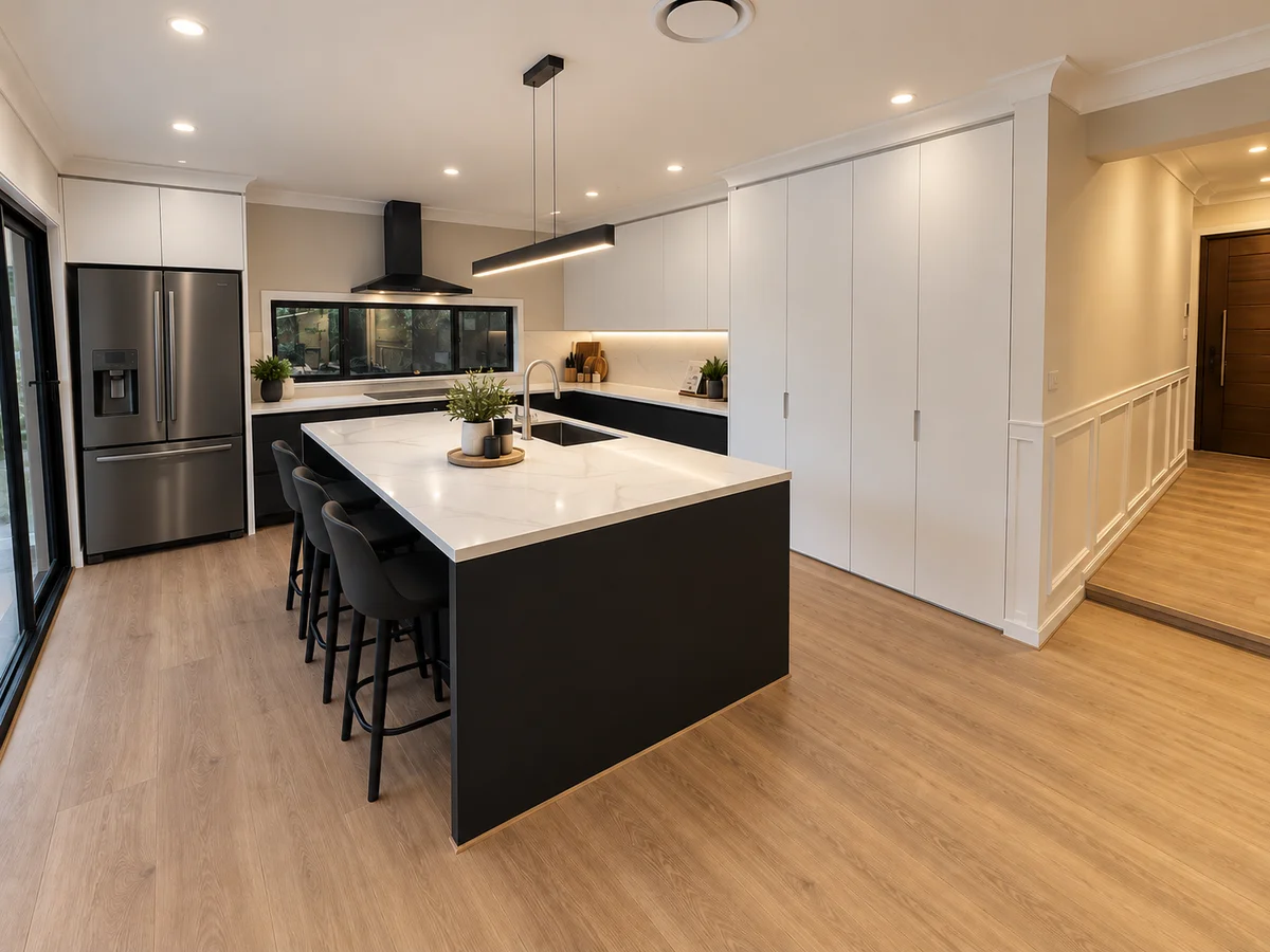 New kitchen at Werrington County with black cabinetry, stone island benchtop and timber flooring